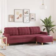 vidaXL 3-sitssoffa med fotstöd vinröd 210 cm tyg