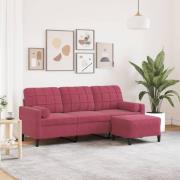 vidaXL 3-sitssoffa med fotstöd vinröd 180 cm sammet