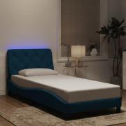 vidaXL Sängram med LED-belysning blå 90x200 cm sammet
