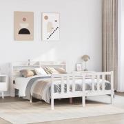vidaXL Sängram med huvudgavel vit 150x200 cm massiv furu