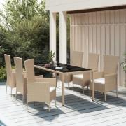vidaXL Matgrupp för trädgården med dynor 7 delar beige konstrotting