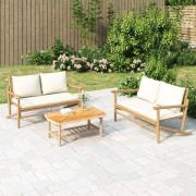 vidaXL Loungegrupp för trädgården med gräddvita dynor 3 delar bambu