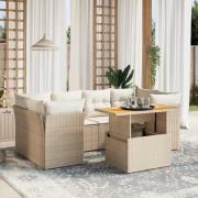 vidaXL Matgrupp för trädgården med dynor 7 delar beige konstrotting