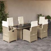 vidaXL Matgrupp för trädgården med dynor 7 delar beige konstrotting