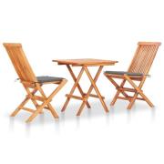 vidaXL Caféset 3 delar med gråa dynor massiv teak