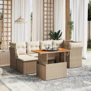vidaXL Matgrupp för trädgården med dynor 7 delar beige konstrotting