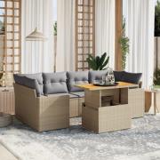 vidaXL Matgrupp för trädgården med dynor 7 delar beige konstrotting