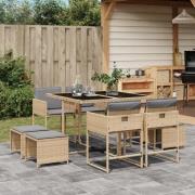 vidaXL Matgrupp för trädgården med dynor 9 delar mixbeige konstrotting