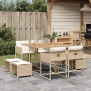 vidaXL Matgrupp för trädgården med dynor 9 delar beige konstrotting