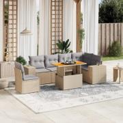 vidaXL Matgrupp för trädgården med dynor 7 delar beige konstrotting