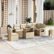 vidaXL Matgrupp för trädgården med dynor 7 delar beige konstrotting