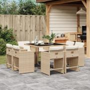 vidaXL Matgrupp för trädgården med dynor 9 delar beige konstrotting