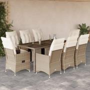 vidaXL Caféset för trädgården 9 delar med dynor beige konstrotting