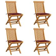 vidaXL Trädgårdsstolar med vinröda dynor 4 st massiv teak