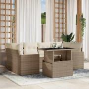 vidaXL Matgrupp för trädgården med dynor 7 delar beige konstrotting