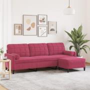 vidaXL 3-sitssoffa med fotstöd vinröd 210 cm sammet