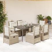vidaXL Matgrupp för trädgården med dynor 7 delar beige konstrotting