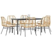 vidaXL Matgrupp för trädgården med dynor 7 delar brun polyrotting glas