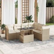 vidaXL Matgrupp för trädgården med dynor 7 delar beige konstrotting