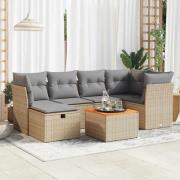 vidaXL Matgrupp för trädgården med dynor 7 delar beige konstrotting