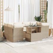 vidaXL Matgrupp för trädgården med dynor 7 delar beige konstrotting