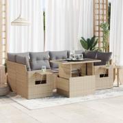 vidaXL Matgrupp för trädgården med dynor 7 delar beige konstrotting