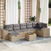 vidaXL Matgrupp för trädgården med dynor 8 delar beige konstrotting