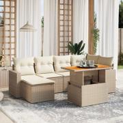 vidaXL Matgrupp för trädgården med dynor 7 delar beige konstrotting