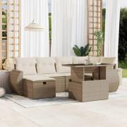 vidaXL Matgrupp för trädgården med dynor 7 delar beige konstrotting