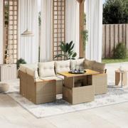 vidaXL Matgrupp för trädgården med dynor 7 delar beige konstrotting