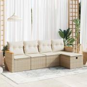 vidaXL Soffgrupp för trädgården med dynor 5 delar beige konstrotting