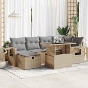 vidaXL Matgrupp för trädgården med dynor 7 delar beige konstrotting