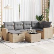 vidaXL Matgrupp för trädgården med dynor 7 delar beige konstrotting
