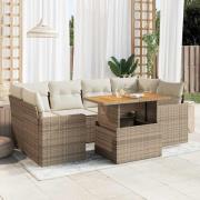 vidaXL Matgrupp för trädgården med dynor 7 delar beige konstrotting