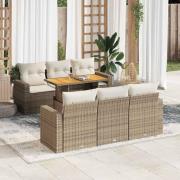 vidaXL Matgrupp för trädgården med dynor 7 delar beige konstrotting