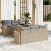 vidaXL Matgrupp för trädgården med dynor 7 delar beige konstrotting
