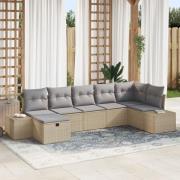 vidaXL 7-delars Trädgårdsoffgrupp med kuddar Beige Poly Rattan
