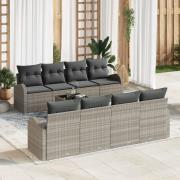 vidaXL 9-delars Trädgårdsofa set med kuddar Ljusgrå Poly Rattan