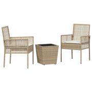 vidaXL 3 Delars Trädgårds Bistro Set med Kuddar Beige Poly Rattan