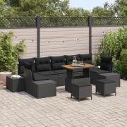 vidaXL 10 Delars Trädgårdssoffa Set Med Kuddar Svart Poly Rattan Akaci...