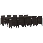 vidaXL 11-delars trädgårds matbord set med kuddar brunt konstrotting, ...