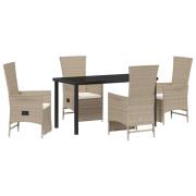vidaXL 5-delat trädgårdsset med kuddar Beige Poly Rattan