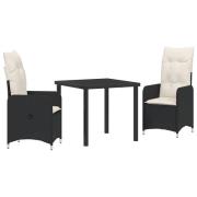 vidaXL 3-delat trädgårdsdining set med dynor svart poly rattan