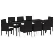 vidaXL 9-delars Trädgårdsdining Set med Kuddar Svart Poly Rattan