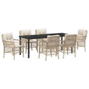 vidaXL 7-delat trädgårdsdining-set med kuddar Beige Poly Rattan