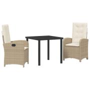 vidaXL 3-delat trädgårdsdining set med kuddar beige poly rattan