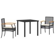 vidaXL 3-delat trädgårdsset med kuddar svart poly-rattan