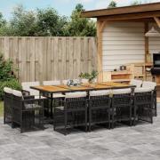 vidaXL Matgrupp för trädgården med dynor 13 delar svart konstrotting