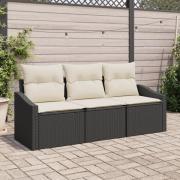 vidaXL 3-delars Trädgårdsoffaset med Kuddar Svart Poly Rattan