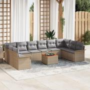 vidaXL 11 Delars Trädgårdssoffa Set med Kuddar Beige Poly Rattan Acaci...